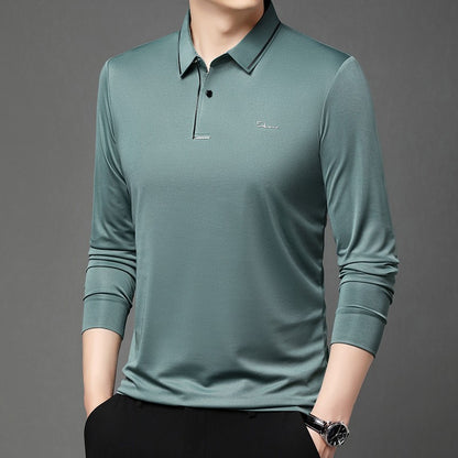 New Men's Business Casual Long Sleeved Shirt with Badge Solid Color Polo Shirt Fashionable Breathable Comfortable Versatile Top