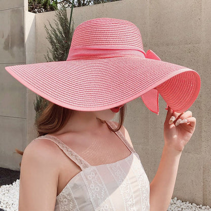 Chapéu de sol de palha feminino, estilo coreano, aba grande, à prova de sol, chapéu de férias dobrável, para praia e ar livre.  ????  ??