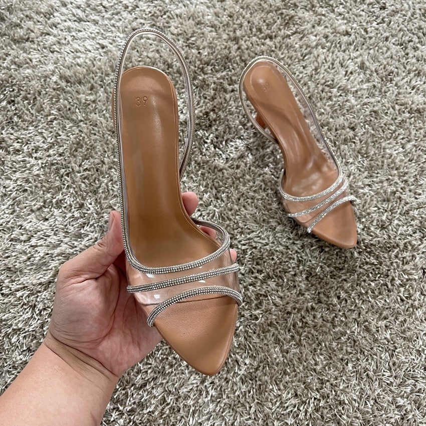 2025 Women Summer Rhinestone Slingback Pumps Office Lady Transparent Heeled Sandals Elegant Pointed Toe Female Sexy High Heels