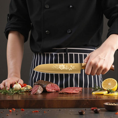 Conjunto de Facas de Cozinha Douradas de Luxo - Lâminas de Aço Inoxidável de 4 Peças com Revestimento de Titânio. Cabos Ergonômicos. Facas de Alta Performance
