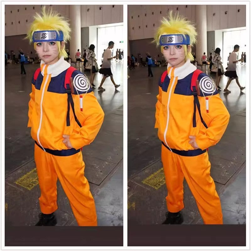 Uzumaki Cosplay Costume Orange Clothes with Headband & Kunai Pouch Pre-Shippuden Genin Ninja Outfit Blonde Wig Unisex Adult Hall