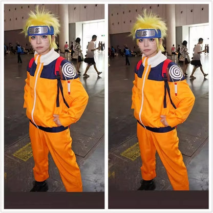 Uzumaki Cosplay Costume Orange Clothes with Headband & Kunai Pouch Pre-Shippuden Genin Ninja Outfit Blonde Wig Unisex Adult Hall