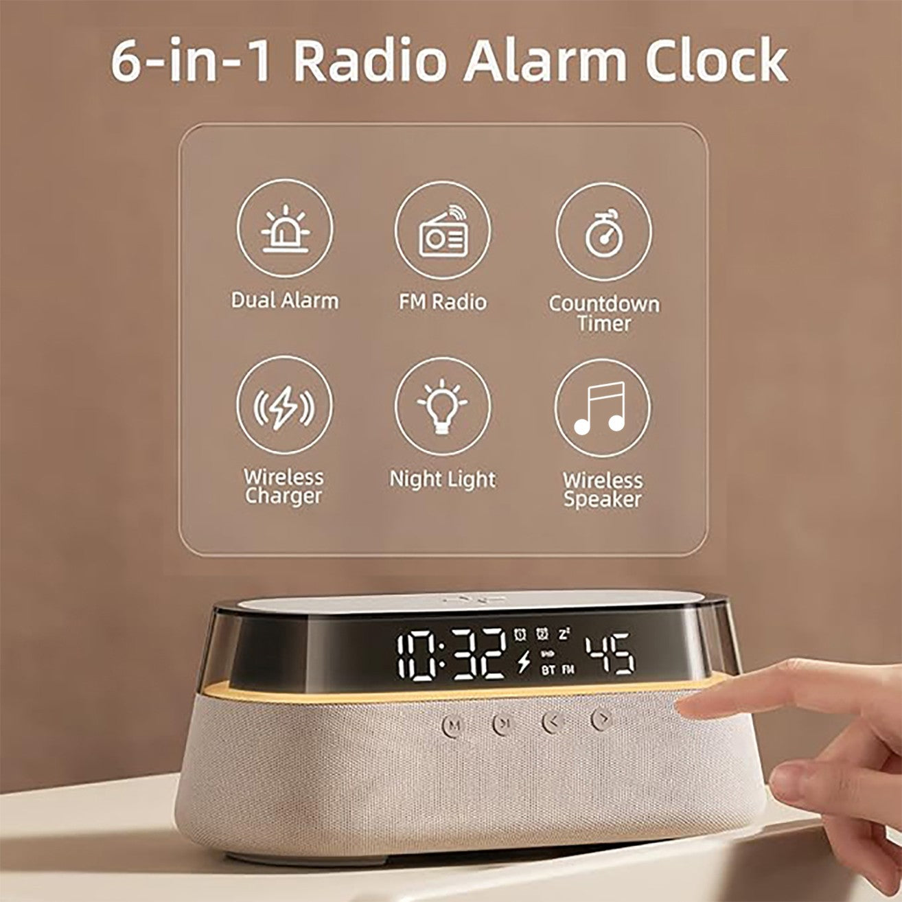 6-in-1 Smart Alarm Clock - 15W Wireless Charger, Bluetooth Speaker, FM Radio, Dual Alarm, USB Charger & RGB Night Light