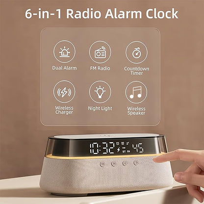 6-in-1 Smart Alarm Clock - 15W Wireless Charger, Bluetooth Speaker, FM Radio, Dual Alarm, USB Charger & RGB Night Light