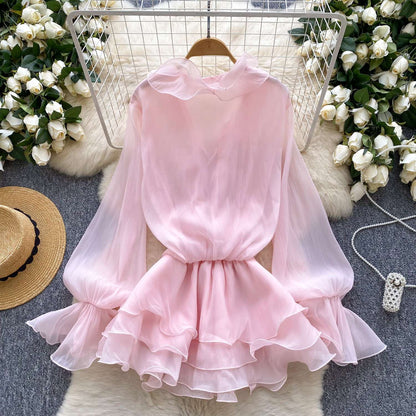 SINGREINY 3D Floral Beach Short Dress Female Long Sleeves Lace Up Ruffle Chiffon
