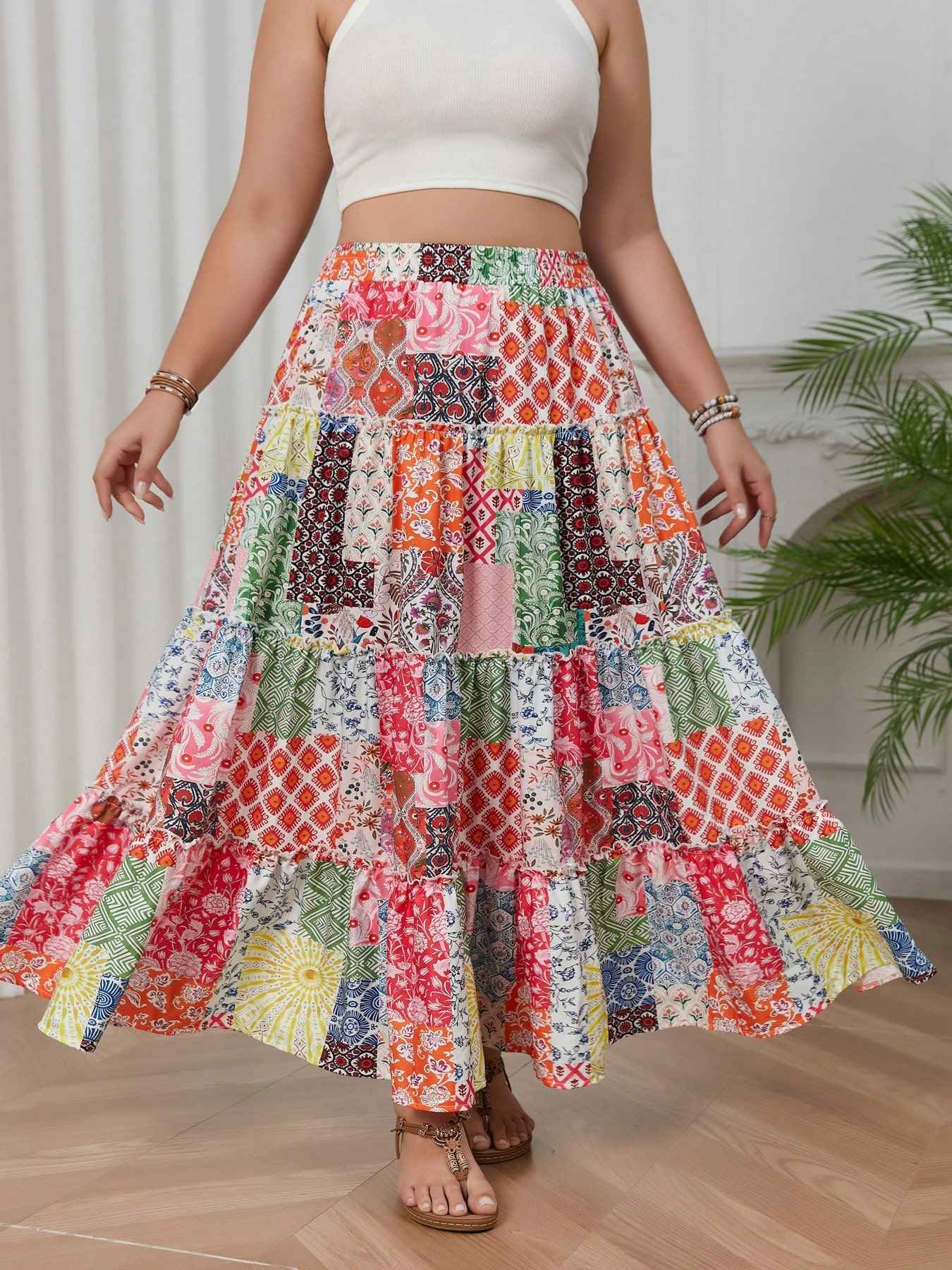 Plus size women's printed holiday style skirt spliced A-line skirt