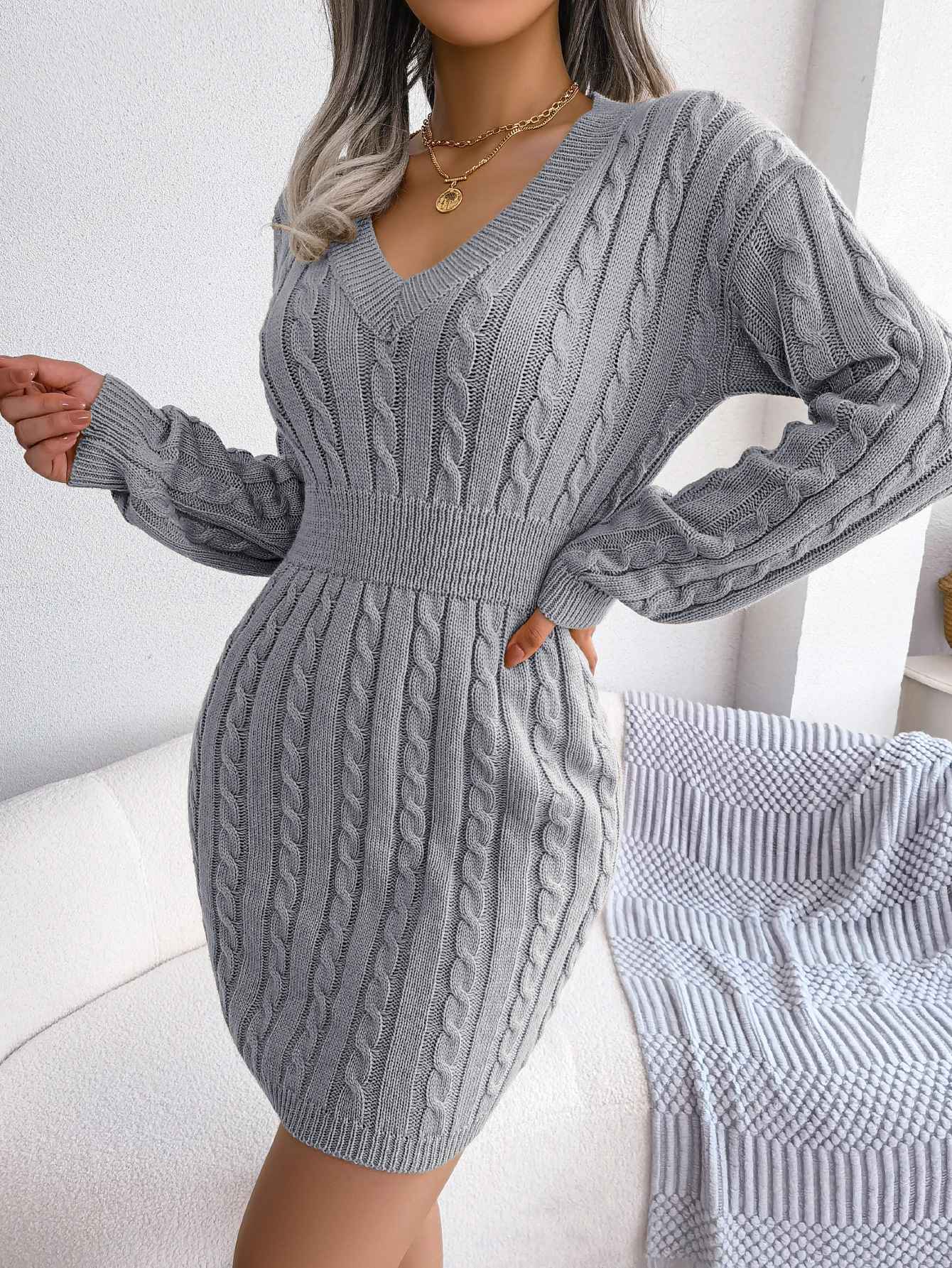 VigoCasey 2025 V Neck Casual Short Knit Dress Autumn Winter Women Solid Long Sleeve Dress Lady Khaki Bodycon Knitted Dresses