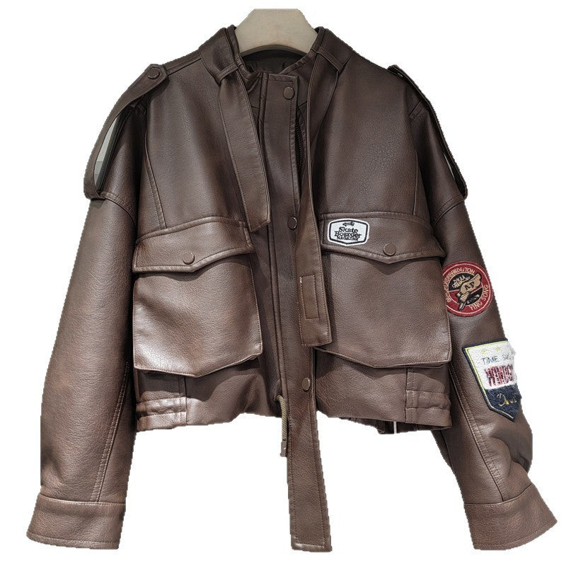 YEAE 2025 spring new vintage motorcycle leather printed high waist lean washed PU leather coat tide