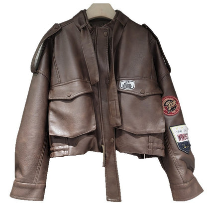 YEAE 2025 spring new vintage motorcycle leather printed high waist lean washed PU leather coat tide