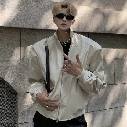 Stand Up Collar Design PU Leather Jacket Men's Retro Shoulder Pad Motorcycle Short Jacket Top