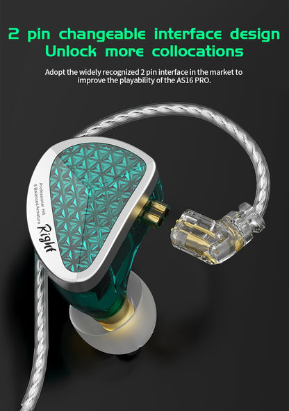 KZ AS16 Pro In Ear Wired Earphones 16BA Balanced Armature HIFI Bass Monitor Headphones Noise Cancelling Earbuds Sport Headset