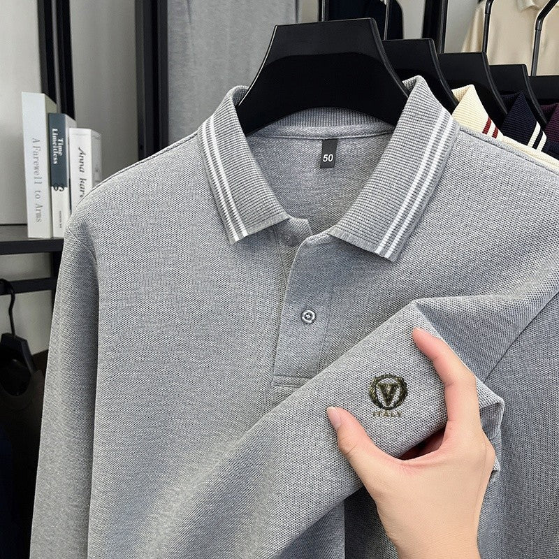 100Cotton Luxury Quality Men's Polo Shirt Striped Collar Breathable V-Print Long Sleeve Autumn Lapel T-Shirt Business Menswear