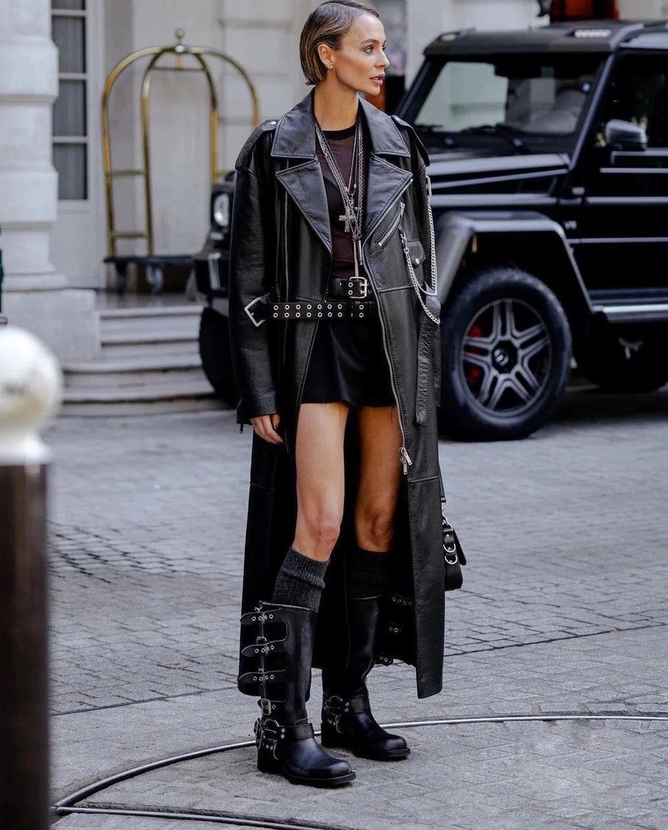 Arden Furtado 2025 Genuine Leather Platform Rivet Motorcycle boots Round toe Belt buckle Block heel mid wide calf Western boots