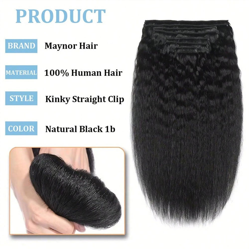 Apliques de cabelo com clipe Kinky Straight Cabelo humano real Preto natural Trama dupla para mulheres de 16 a 28 polegadas 100g 8 peças