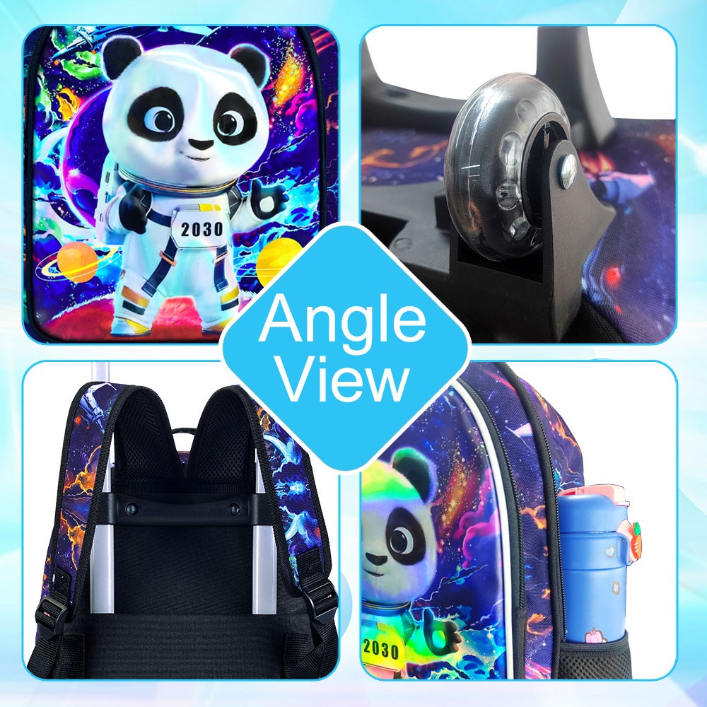 Rolling panda Backpack for Boys, Kids Roller Wheels School Bookbag with Lunch Bag, Wheeled School Bag for Children
