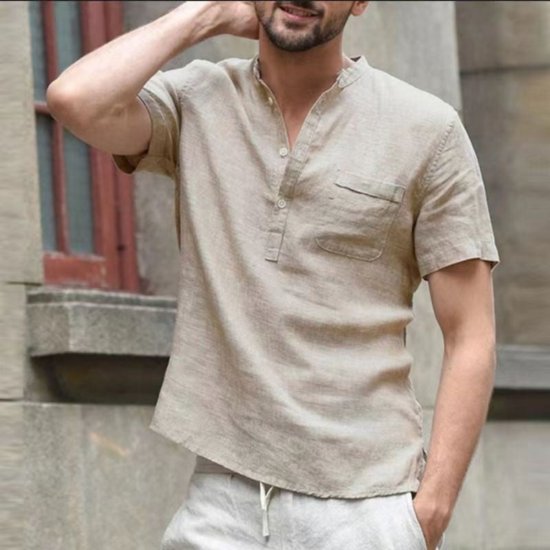 New Summer Men's Short-Sleeved T-shirt Cotton and Linen Led Casual Men's T-shirt Shirt Male Breathable