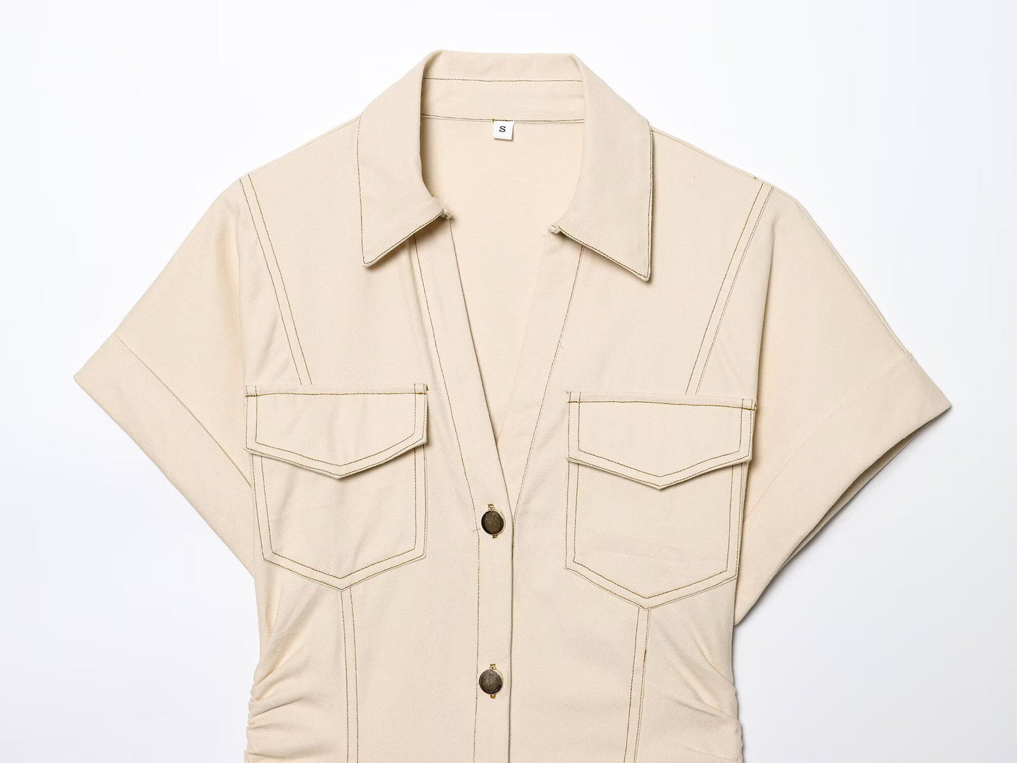 ETJ 2025 summer new  women's elegant fashion waist pleated V-neck short-sleeved temperament denim MIDI dress