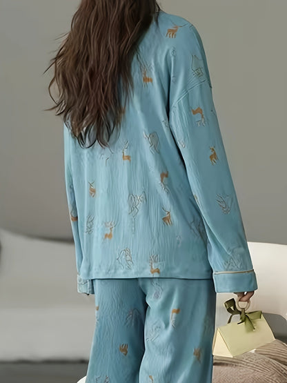 Women's Pajama Set - Long-Sleeve Buttoned Top & Elastic Waist Pants, Autumn & Winter Casual Loungewear
