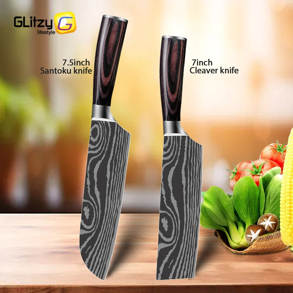 Conjunto de Facas Japonesas com Bloco e Amolador de 8 polegadas, Facas de Cozinha de Aço Damasco a Laser com Tesoura de Cozinha e Cabo de Madeira