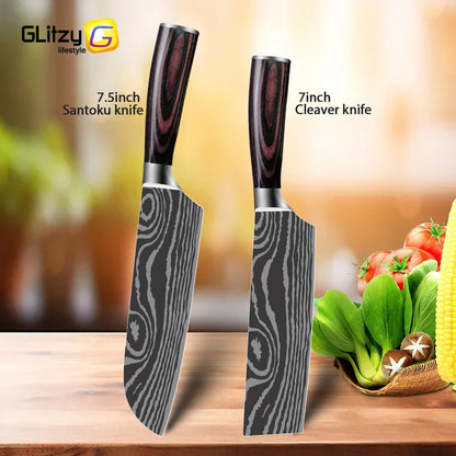 Conjunto de Facas Japonesas com Bloco e Amolador de 8 polegadas, Facas de Cozinha de Aço Damasco a Laser com Tesoura de Cozinha e Cabo de Madeira