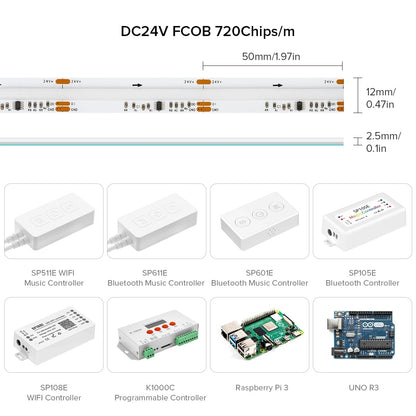 FCOB LED Light Strip Pixel Addressable 630 720 LEDs RGB Dream Full Color 12mm DC12V 24V WS2811 High Density Flexible COB Light