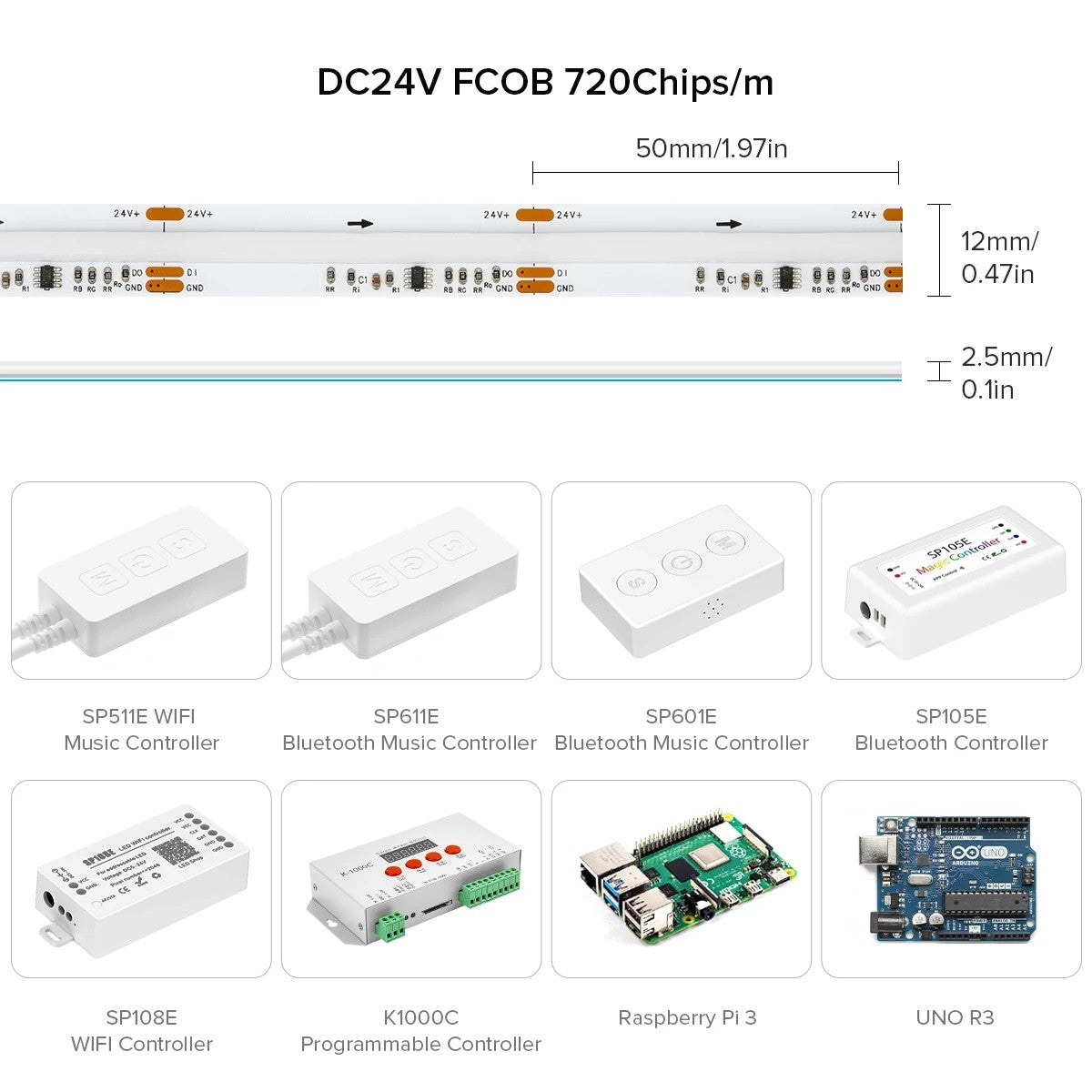 FCOB LED Light Strip Pixel Addressable 630 720 LEDs RGB Dream Full Color 12mm DC12V 24V WS2811 High Density Flexible COB Light
