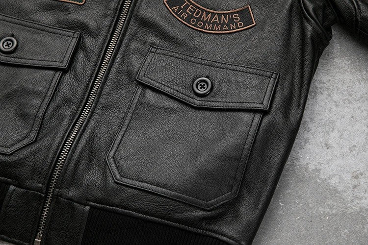 Detachable Natural Fur Collar Genuine Cowhide Men Leather Jacket Patches Flight Air Force Pilot Coat Winter Bomber