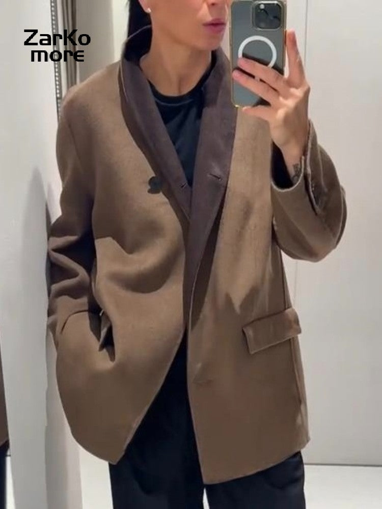 Fashion Brown Wool-blend Coat Women Stand Collar Long Sleeve One Button Pocket Warm Jacket 2025 Autumn Lady Chic Outwears New