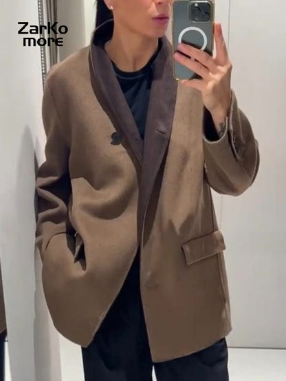 Fashion Brown Wool-blend Coat Women Stand Collar Long Sleeve One Button Pocket Warm Jacket 2025 Autumn Lady Chic Outwears New