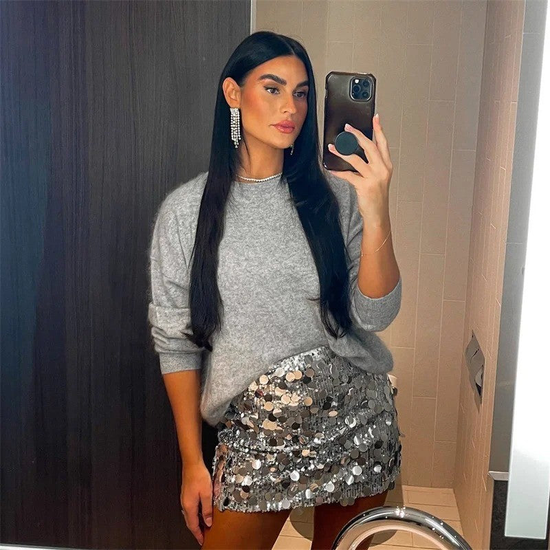 Silver Sequin Skirt Woman High Waist Mini Skirt Woman Fashion Shiny Glitter Eleg