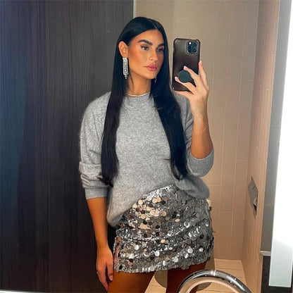 Silver Sequin Skirt Woman High Waist Mini Skirt Woman Fashion Shiny Glitter Eleg