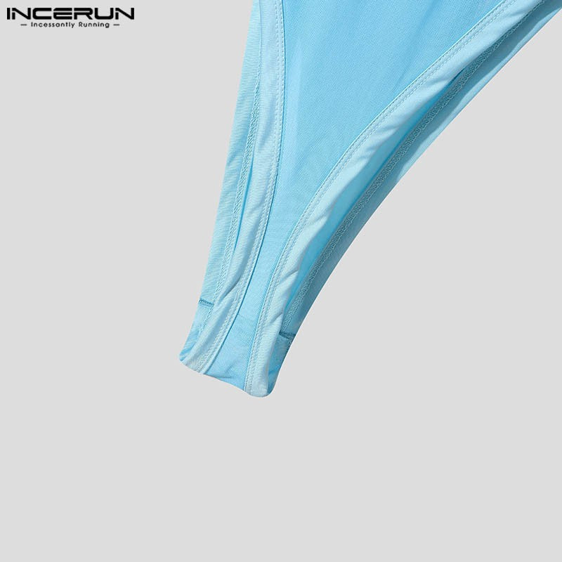 INCERUN American Style Bodysuits Fashion Mens Mesh Splicing Side High Slit Triangle Jumpsuits Sexy Homewear Sleeveless Jumpsuits