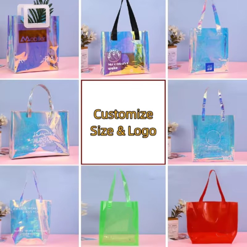 Wholesale 200pcs/Custom Logo Laser Holographic Iridescent PVC Tote Bag Luxury Fashion Beach Shopping Tote Bag Waterproof Bag