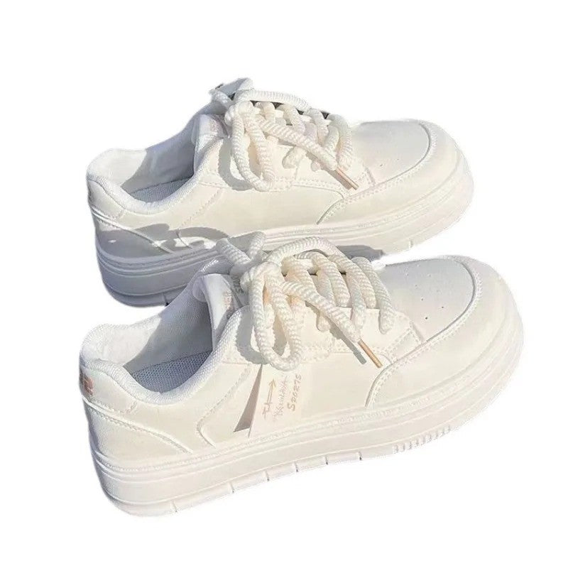 2024 New Women Leather Flat Shoes Autumn Fashion Breathable Vulcanized White Sports Lace Up Thick Soled Casual Shoes for Women