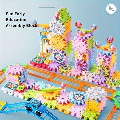 Conjunto de Brinquedos de Construção Montessori Infantil Elétrico Engrenagens Giratórias para Montar Carro de Trilho Brinquedo de Construção Grande STEM de Natal