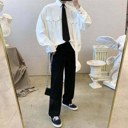 Gmiixder Cargo Long-sleeve Shirt with Tie Men's Oversize Kpop Shirt Korean Streetwear Versatile Motorcycle Pocket Streamers Coat