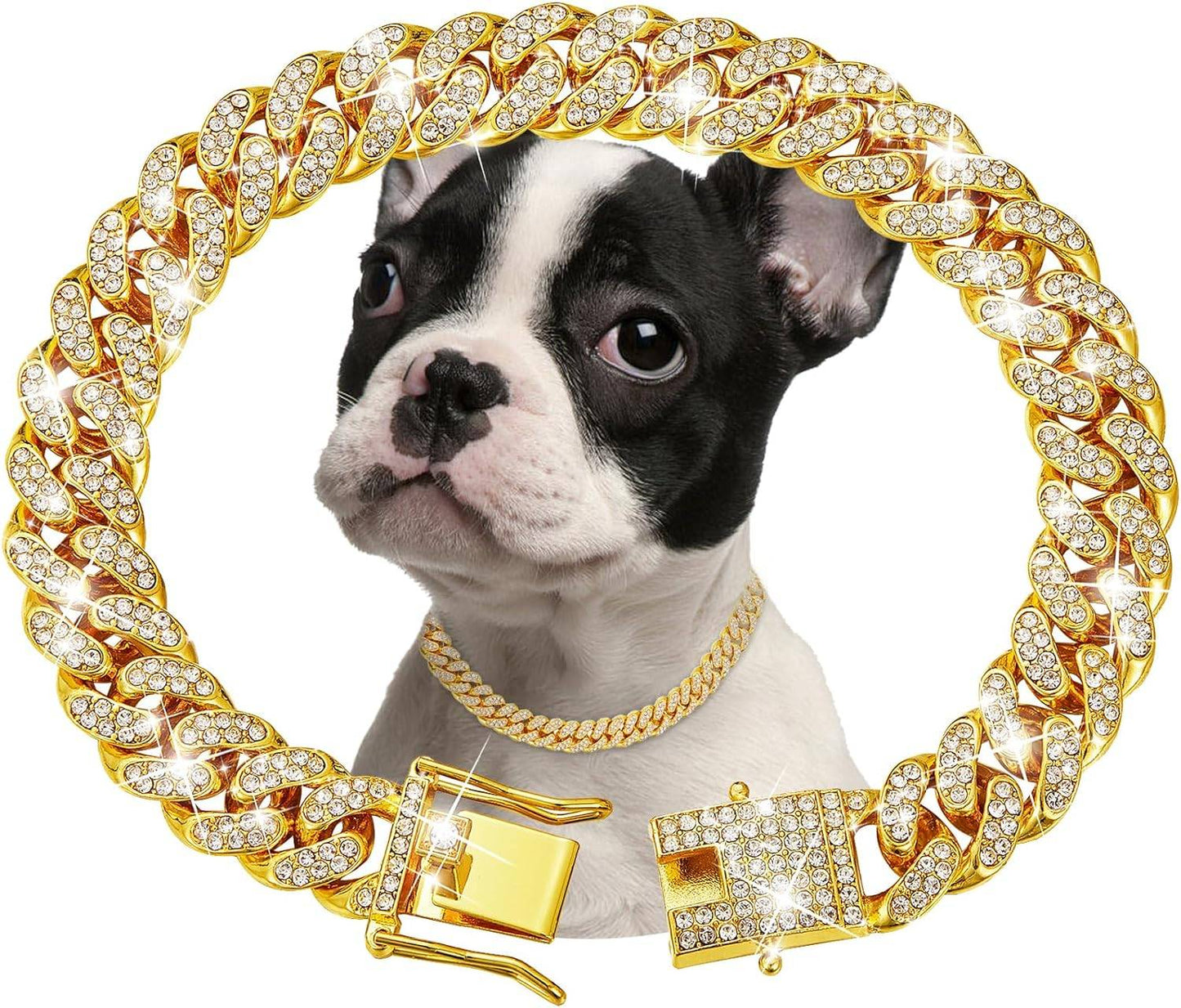 Coleira de corrente de cachorro de luxo dourada para animais de estimação, coleira de metal para cães pequenos, médios e grandes, gatos, joias e acessórios para animais de estimação