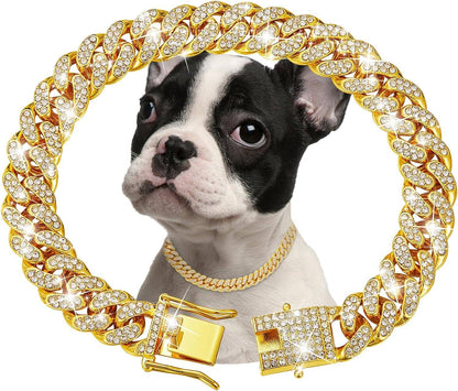 Coleira de corrente de cachorro de luxo dourada para animais de estimação, coleira de metal para cães pequenos, médios e grandes, gatos, joias e acessórios para animais de estimação