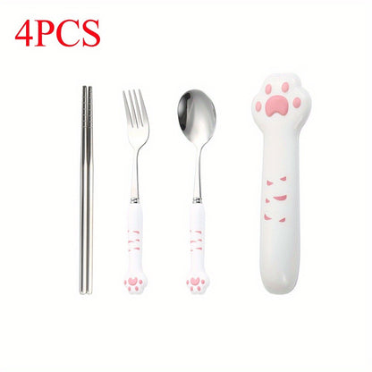Conjunto de Talheres de Pata de Gato Fofo Garfo e Colher de Aço Inoxidável com Caixa de Armazenamento Louça Talheres Talheres Portáteis para Almoço