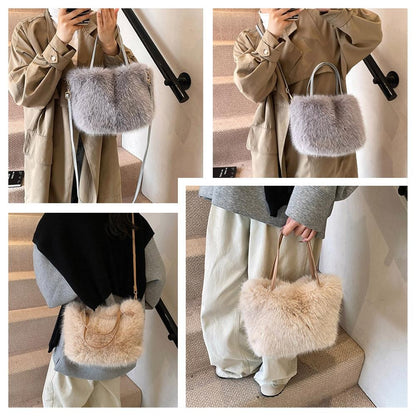 Faux Fur Tote Bag Women's Bucket Plush Light Luxury Ladies Handbags Soft Winter Crossbody Shoulder Bags