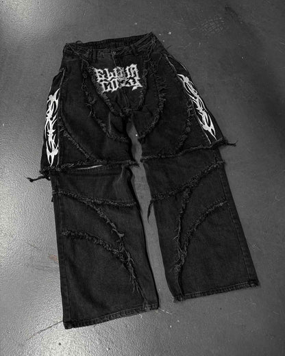 Elixir X Cozy Detachable Jeans Retro Punk Streetwear Ziipper Patchwork Stripe Denim Pants Men Black Baggy Hip Hop Splicing Jeans