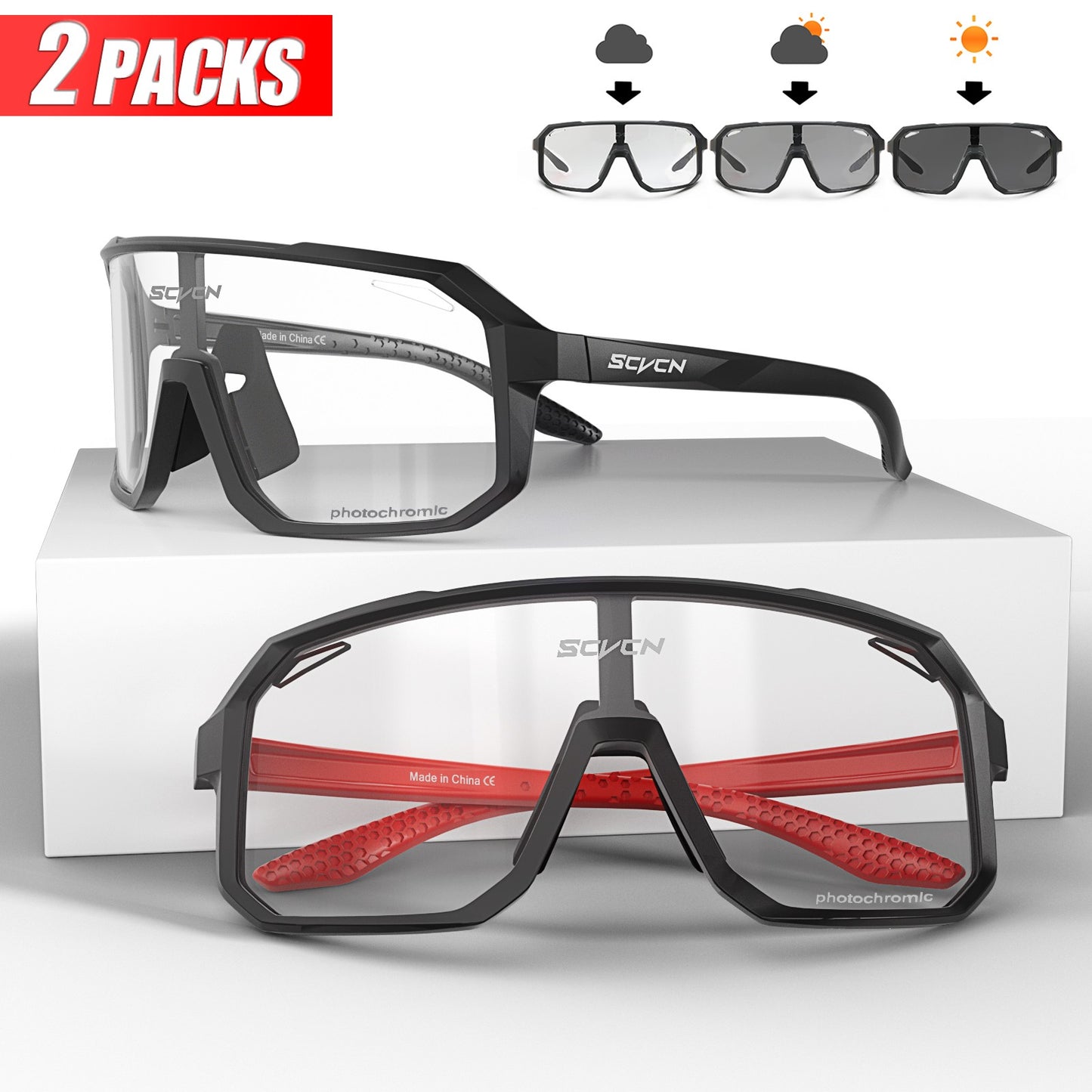 2 Pacotes de Óculos de Ciclismo Fotocromáticos para Ciclismo MTB Óculos de Proteção para Bicicleta, Bicicleta de Montanha, Masculino e Feminino, Esportivo