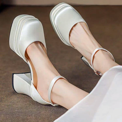 Sapatos de salto alto feminino plataforma chunky bico fechado salto bloco bico quadrado com tira no tornozelo para festas casamentos formaturas 2025