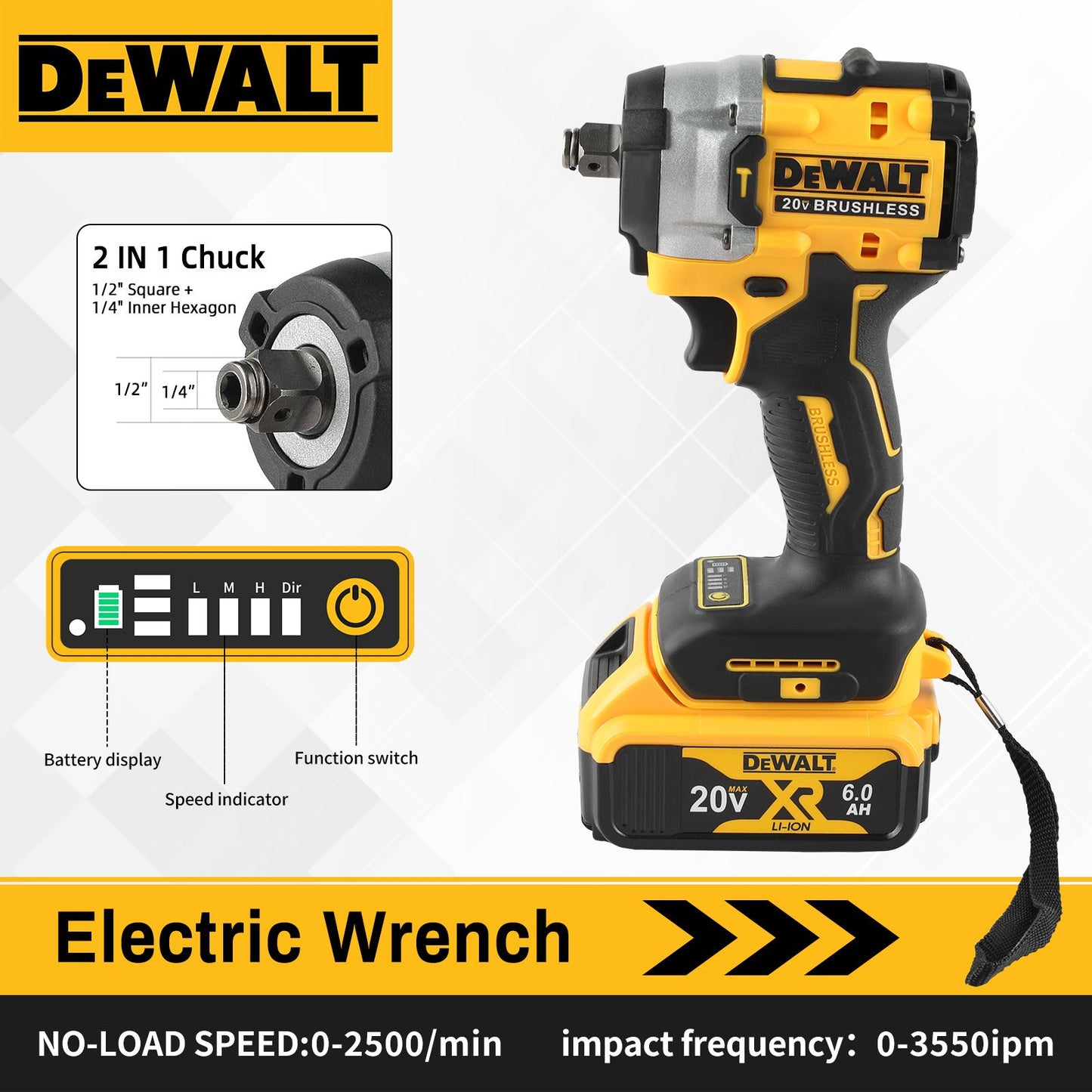 DEWALT DCF921 Parafusadeira de Impacto sem Escova 20V 1/2in e Furadeira Elétrica sem Fio - Velocidade Variável, Ferramenta Avulsa Multifuncional
