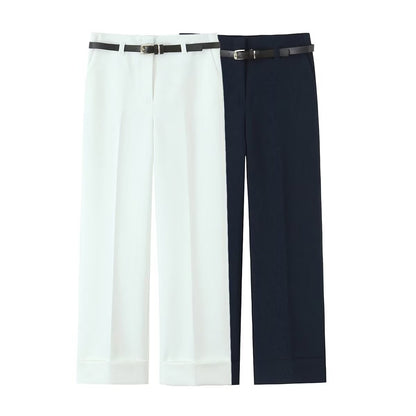 2025 summer new women's comfortable commuting rolled-up trousers with belt simple casual trousers