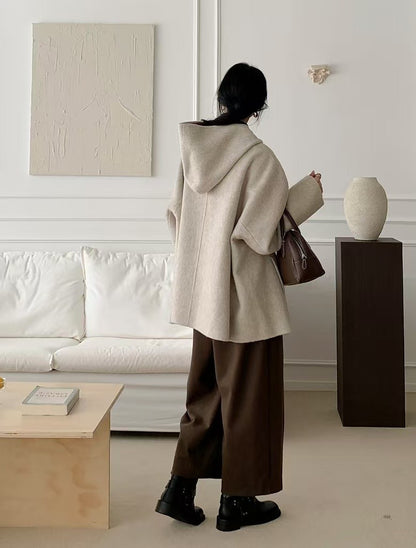 Korean Sle Woolen Coat Women's Chic Temperament Sweet Bow Tie Collar Hooded Warm Woolen Coat Long Sve Mid-Length