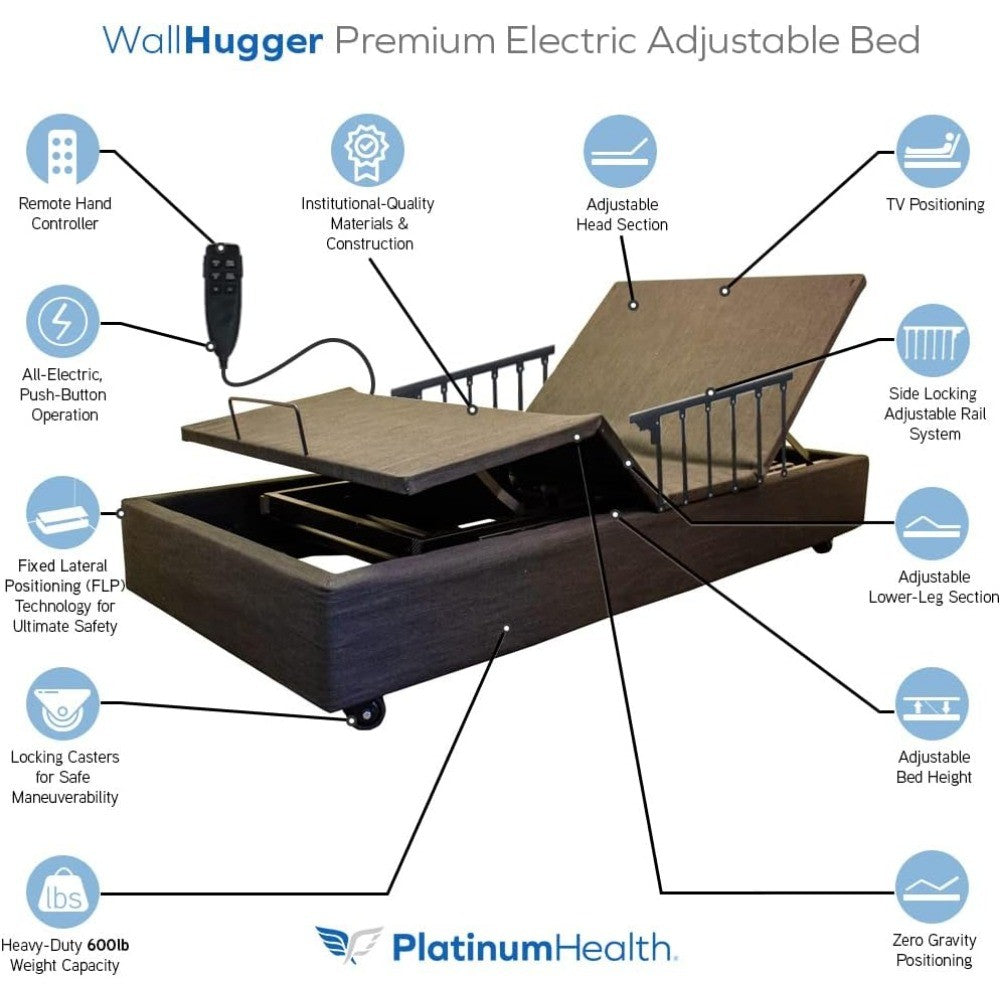 Platinum Health WallHugger Premium Electric Adjustable Bed Base with Variable Height High-Low Positioning and Wall Hugger Featur