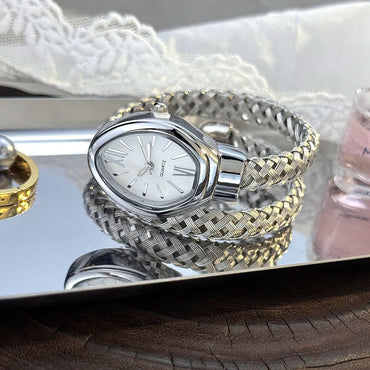 1 Piece Ladies Fashion Quartz Watch Hollow out Steel Band Snake Head Design Unique Personality Trendy Circle Watch