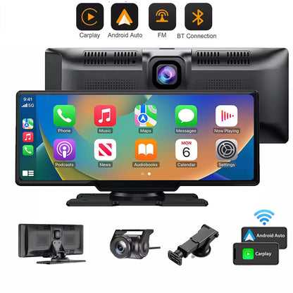 Gravador de vídeo automotivo DVR com tela sensível ao toque de 10,26" 4K, Apple CarPlay sem fio, Android Auto, lente dupla, câmera dupla DVR