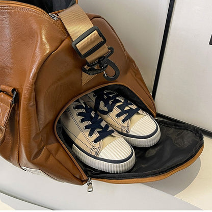 Fashion Women'S Travel Totes Duffle PU Leather Gym Sports Fitness Casual Luggage Handbag Shoes Pocket Shoulder Weekend Bag